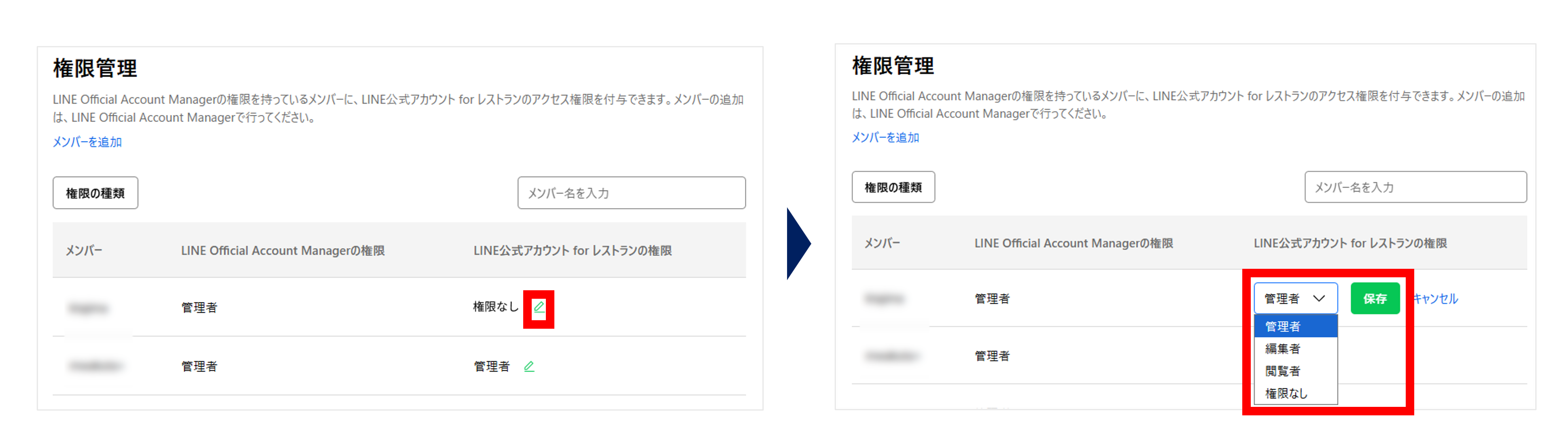 追加メンバー権限設定画面